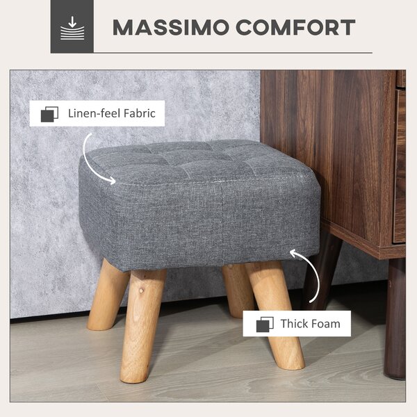 HOMCOM Modern Tufted Footstool, Fabric Foot Stool with Rubber Wood Legs, Padded Seat, for Living Room, Bedroom, Entryway, Grey Aosom UK