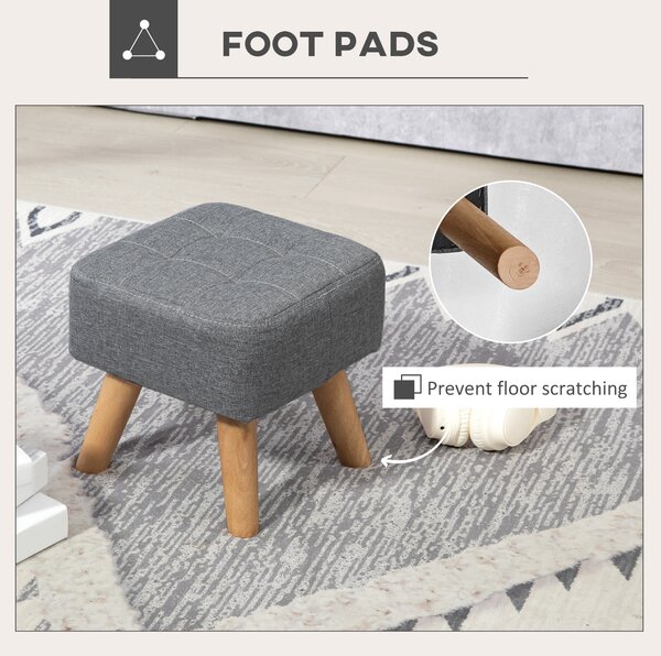 HOMCOM Modern Tufted Footstool, Fabric Foot Stool with Rubber Wood Legs, Padded Seat, for Living Room, Bedroom, Entryway, Grey Aosom UK