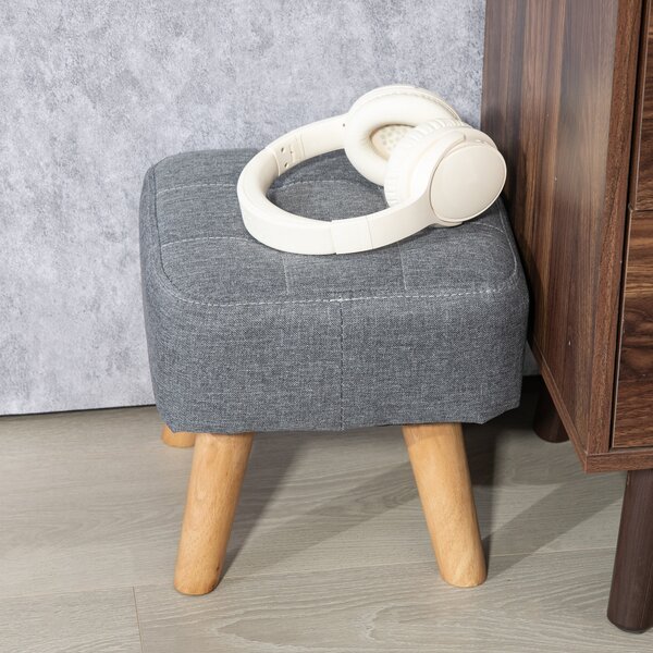 HOMCOM Modern Tufted Footstool, Fabric Foot Stool with Rubber Wood Legs, Padded Seat, for Living Room, Bedroom, Entryway, Grey Aosom UK