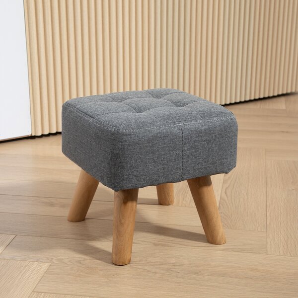 HOMCOM Modern Tufted Footstool, Fabric Foot Stool with Rubber Wood Legs, Padded Seat, for Living Room, Bedroom, Entryway, Grey Aosom UK
