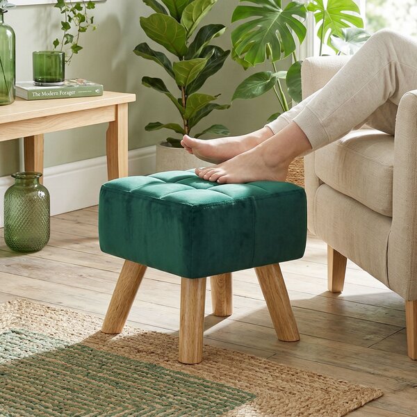 HOMCOM Velvet Square Padded Footstool - Dark Green