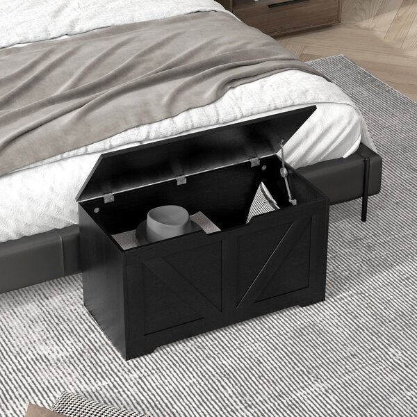 HOMCOM 100L Home Storage Box, with Safety Hinges - Black Wood-Effect