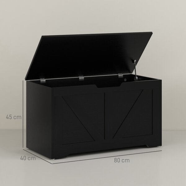 HOMCOM 100L Home Storage Box, with Safety Hinges - Black Wood-Effect