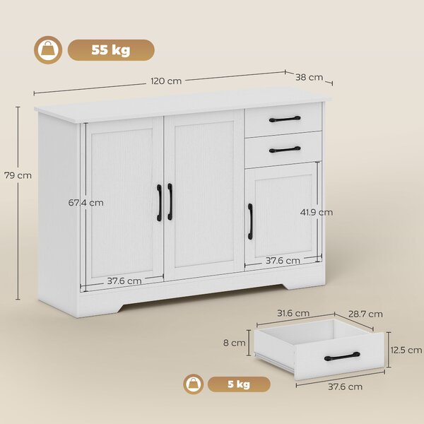 HOMCOM Sideboard with 2 Drawers Modern Storage Cabinet, Kitchen Cupboard with Adjustable Shelf and 3 Doors White