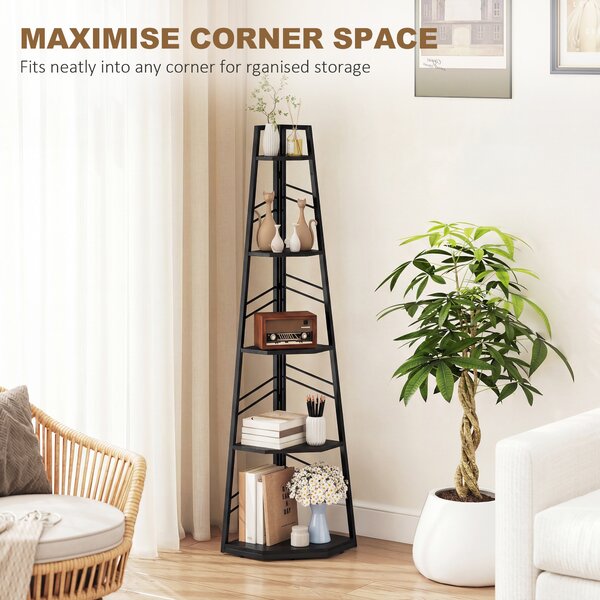 HOMCOM Corner Bookcase, 5-Tier Floor Standing Bookshelf, Shelving Unit for Living Room, Study, Bedroom, Black