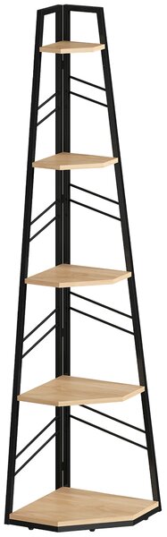 HOMCOM Corner Bookcase, 5-Tier Floor Standing Bookshelf, Shelving Unit for Living Room, Study, Bedroom, Natural Wood Finish
