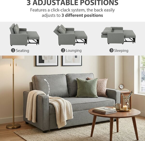 HOMCOM Double Sofa Bed Click Clack Sofa Bed Pull Out Bed with Adjustable Backrest for Living Room and Bedroom Grey