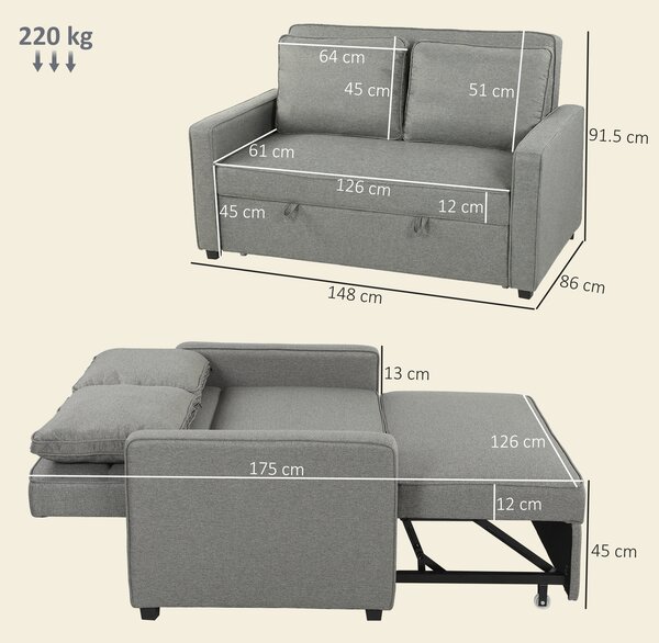 HOMCOM Double Sofa Bed Click Clack Sofa Bed Pull Out Bed with Adjustable Backrest for Living Room and Bedroom Grey