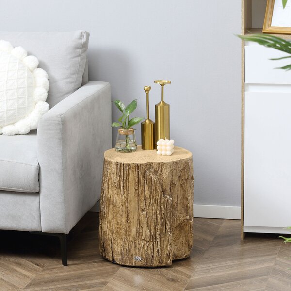HOMCOM Tree Stump End Table, Round Concrete Side Table for Indoor and Outdoor Use, Natural Wood Effect
