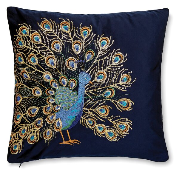 Navy Embroidered Peacock Cushion