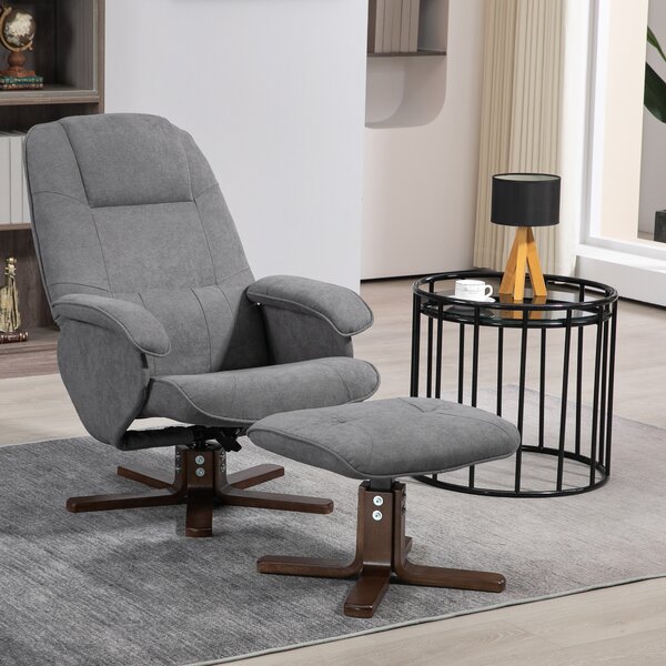 HOMCOM Linen Swivel Recliner Chair with Footstool, Upholstered Reclining Armchair with Wooden Base for Living Room, Cat Scratch Anti, Grey Aosom UK