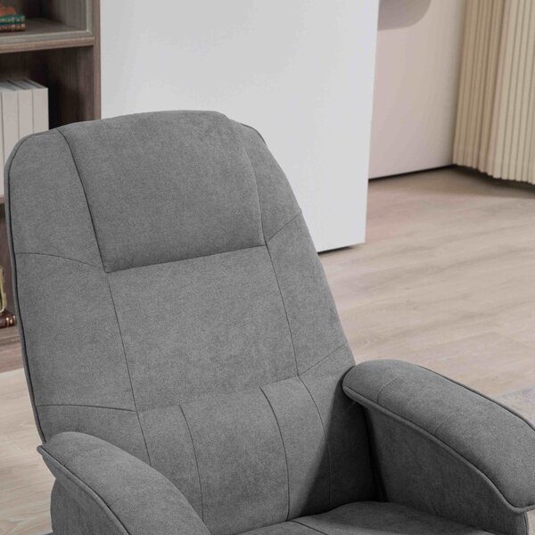 HOMCOM Linen Swivel Recliner Chair with Footstool, Upholstered Reclining Armchair with Wooden Base for Living Room, Cat Scratch Anti, Grey Aosom UK