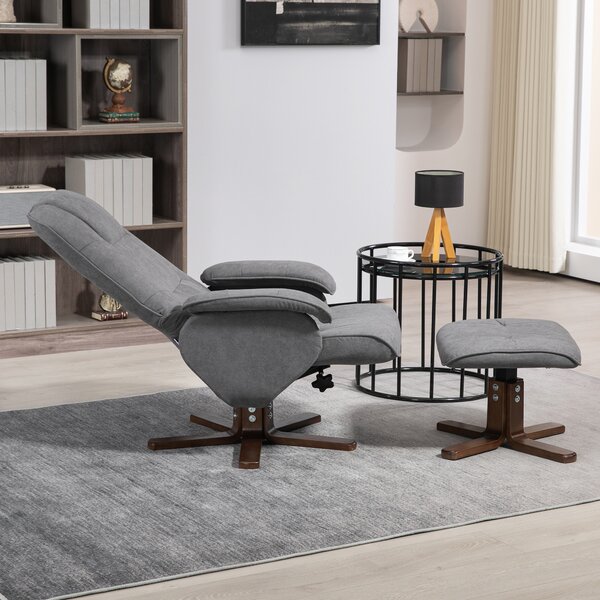 HOMCOM Linen Swivel Recliner Chair with Footstool, Upholstered Reclining Armchair with Wooden Base for Living Room, Cat Scratch Anti, Grey Aosom UK