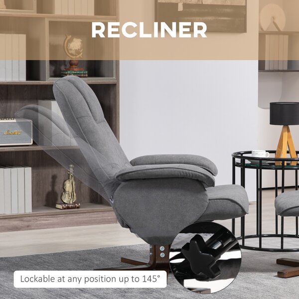 HOMCOM Linen Swivel Recliner Chair with Footstool, Upholstered Reclining Armchair with Wooden Base for Living Room, Cat Scratch Anti, Grey Aosom UK