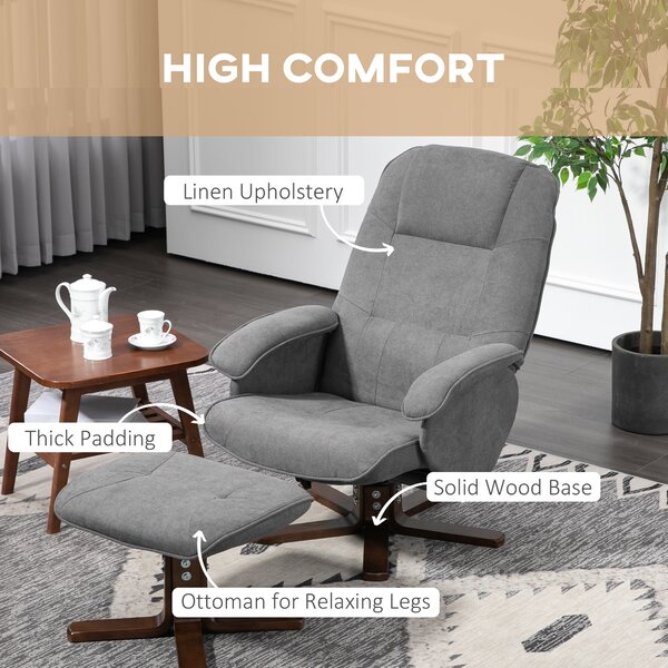 HOMCOM Linen Swivel Recliner Chair with Footstool, Upholstered Reclining Armchair with Wooden Base for Living Room, Cat Scratch Anti, Grey Aosom UK
