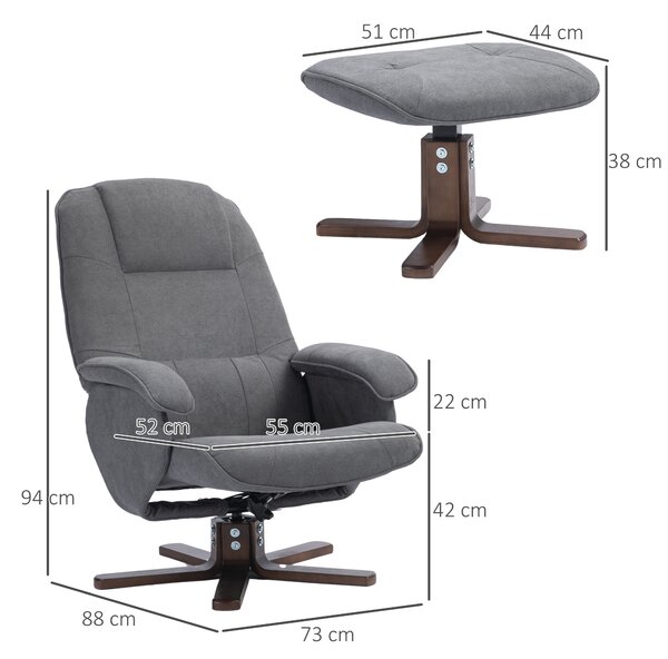 HOMCOM Linen Swivel Recliner Chair with Footstool, Upholstered Reclining Armchair with Wooden Base for Living Room, Cat Scratch Anti, Grey Aosom UK