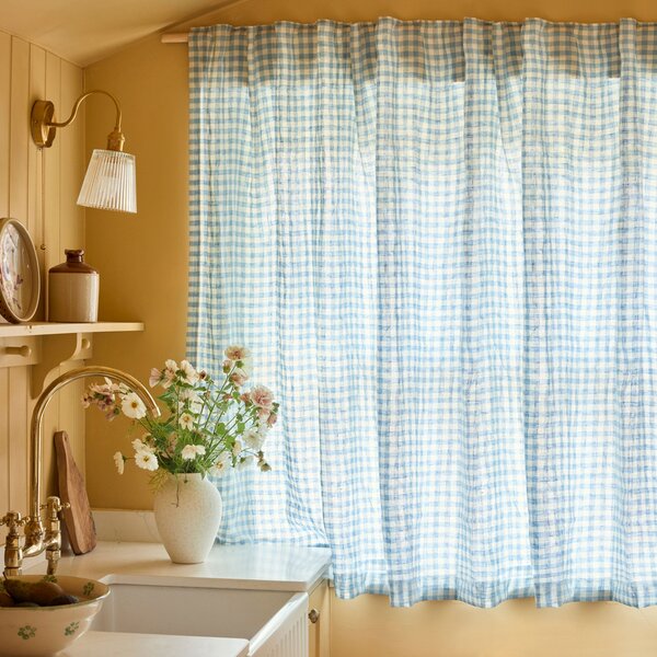 Piglet Warm Blue Gingham Linen Blend Curtains (Pair) Size Long