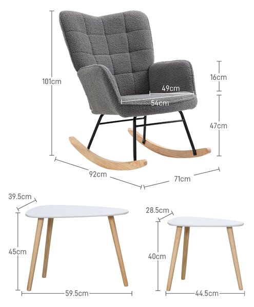 HOMCOM Living Room Furniture Set, Wingback Rocking Chair and Two Nesting Coffee Tables, White and Dark Grey