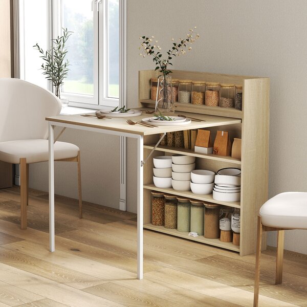 HOMCOM Kitchen Table, Folding Dining Table, with 4-Tier Shelves, Modern Drop-Leaf Table, Oak Wood Effect