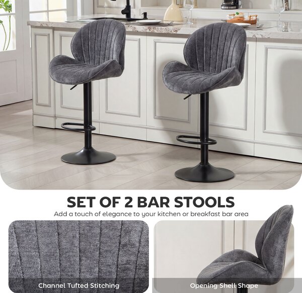 HOMCOM Bar Stools Set of 2, Swivel Barstools with Back, Adjustable Height and Footrest for Kitchen Island, Dining Room, Grey