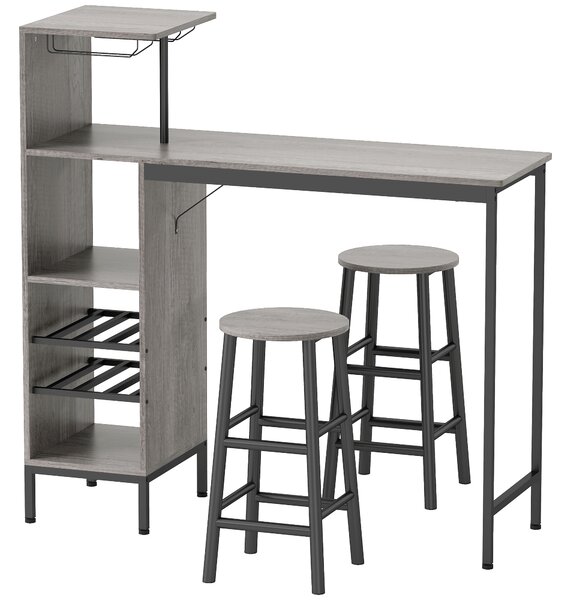 HOMCOM 3 Pieces Dining Room Set, 2 Round Stools with Footrest, 6-Tier Dining Table with Storage Shelves, Natural