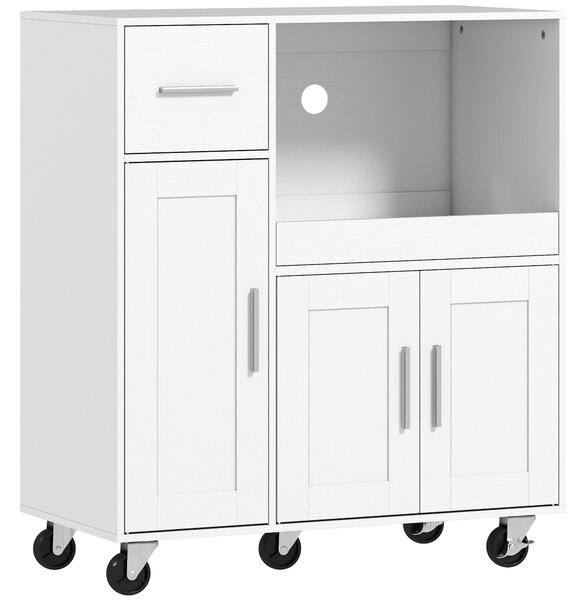 HOMCOM Rolling Kitchen Cart, Microwave Cabinet with Sliding Tray, Drawer, 3-Door Cupboards, Adjustable Shelf, White