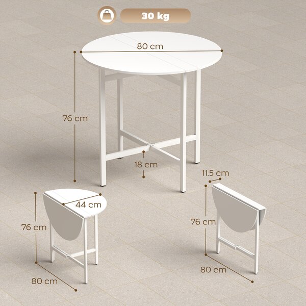 HOMCOM Collapsible Drop Leaf Table, Folding Dining Table for Small Spaces, Extendable Kitchen Table with Steel Frame, White