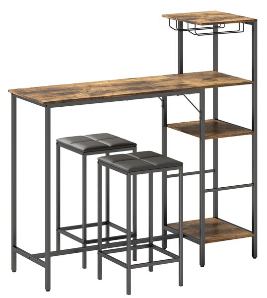 HOMCOM 3 Piece Breakfast Bar Table and Stools Set, Rustic Brown