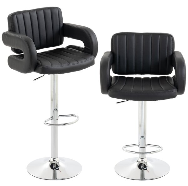 HOMCOM Bar Stools Adjustable Swivel Kitchen Chairs with Backrest Armrest Set of 2 PU Leather Black