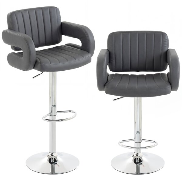 HOMCOM Bar Stools Adjustable Swivel Kitchen Chairs with Backrest Armrest Set of 2 PU Leather Grey