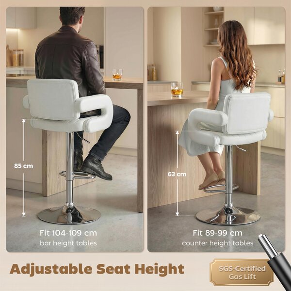 HOMCOM Bar Stools Adjustable Swivel Kitchen Chairs with Backrest Armrest Set of 2 PU Leather White
