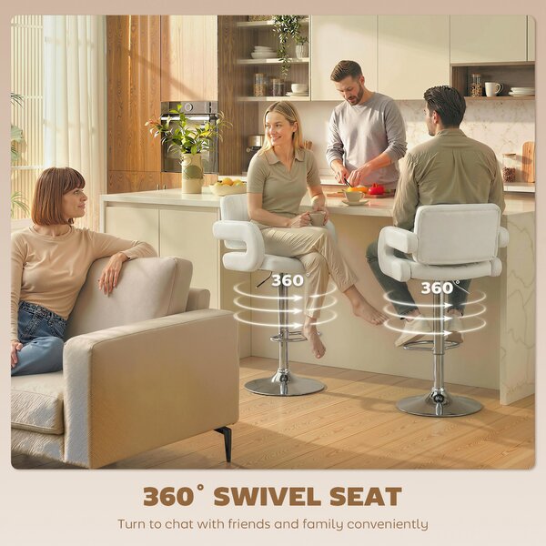 HOMCOM Bar Stools Adjustable Swivel Kitchen Chairs with Backrest Armrest Set of 2 PU Leather White