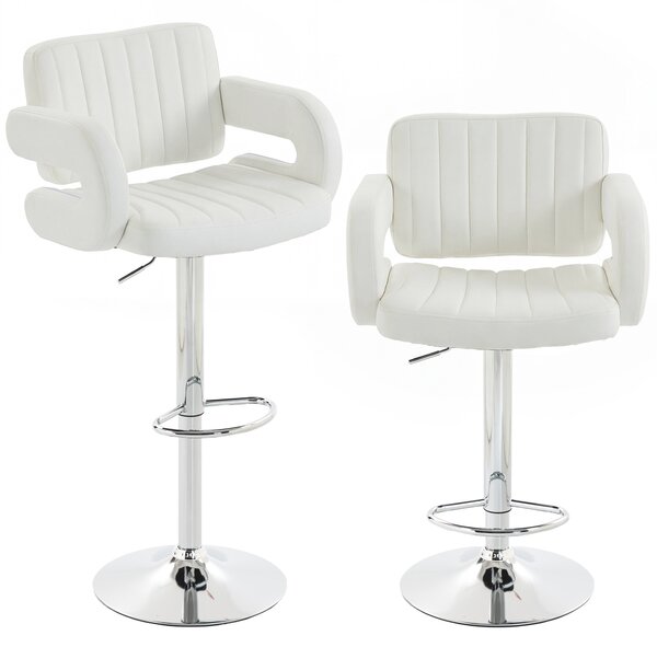 HOMCOM Bar Stools Adjustable Swivel Kitchen Chairs with Backrest Armrest Set of 2 PU Leather White