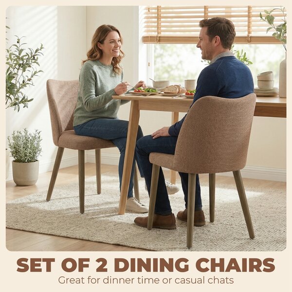 HOMCOM Dining Chairs Set of 2, Linen Upholstered Kitchen Chairs with Padded Seat, Curved Backrest, Rubberwood Legs, Brown