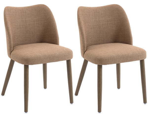 HOMCOM Dining Chairs Set of 2, Linen Upholstered Kitchen Chairs with Padded Seat, Curved Backrest, Rubberwood Legs, Brown