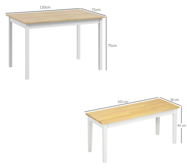 HOMCOM Dining Table and Bench Set, Farmhouse Kitchen Table and Bench with Wooden Frame for Living Room, Dining Room, Natural and White