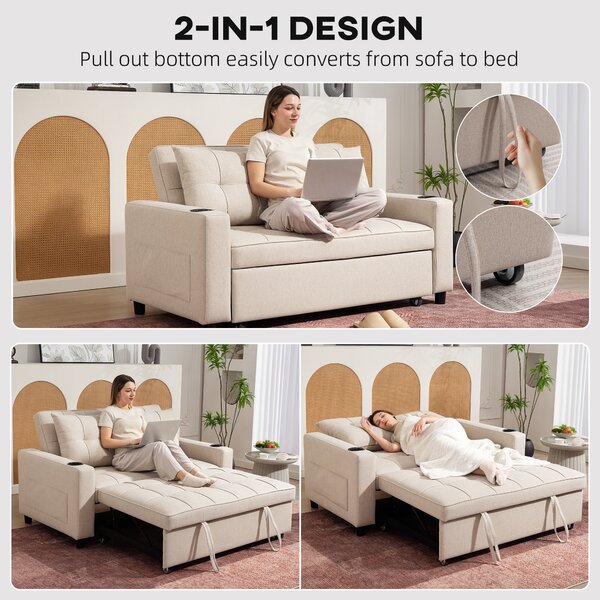 HOMCOM Two-Seater Pull-Out Sofa Bed, Cat Scratch Resistant, Beige Aosom UK