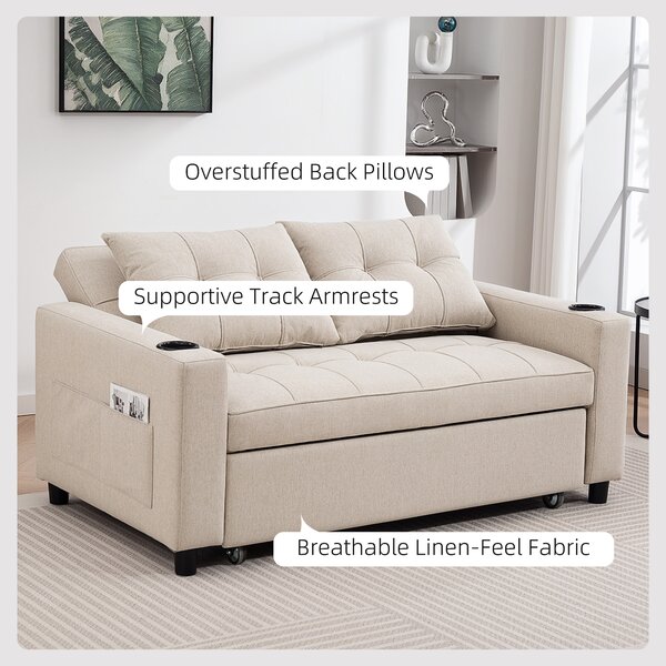 HOMCOM Two-Seater Pull-Out Sofa Bed, Cat Scratch Resistant, Beige Aosom UK