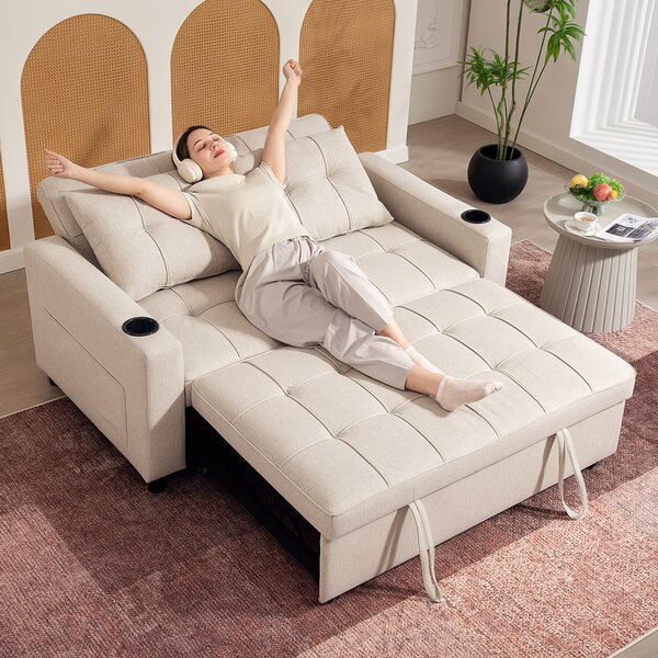 HOMCOM Two-Seater Pull-Out Sofa Bed, Cat Scratch Resistant, Beige Aosom UK
