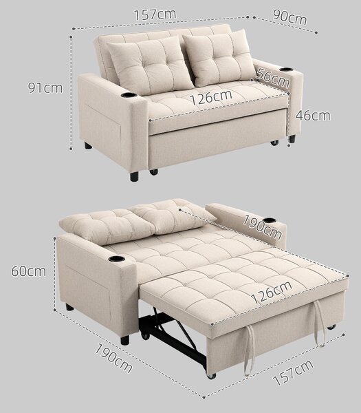 HOMCOM Two-Seater Pull-Out Sofa Bed, Cat Scratch Resistant, Beige Aosom UK