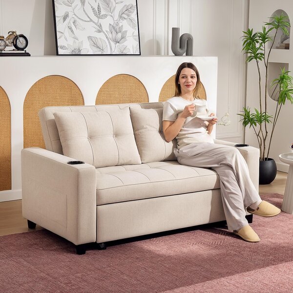 HOMCOM Two-Seater Pull-Out Sofa Bed, Cat Scratch Resistant, Beige Aosom UK