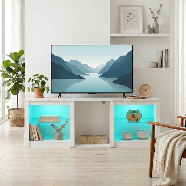 HOMCOM 70" TV Stand, with LED Lights and Storage - White