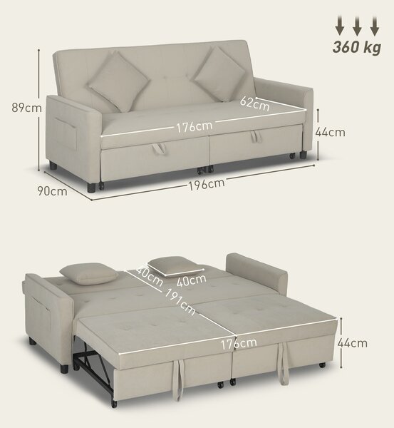 HOMCOM Three-Person Velvet-Feel Sofa Bed - Beige