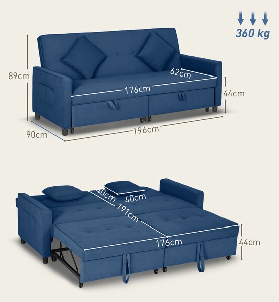 HOMCOM Three-Person Velvet-Feel Sofa Bed - Blue