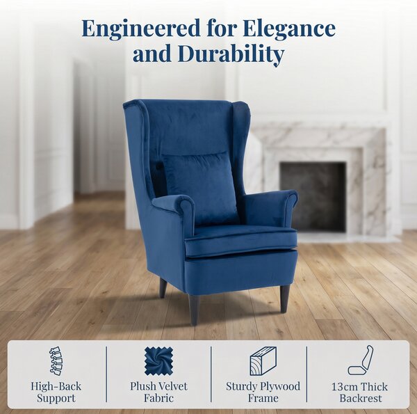 HOMCOM Modern Accent Chair with High Backrest and Pillow, Velvet-Feel Fabric Reading Chair with Solid Wood Legs, Blue