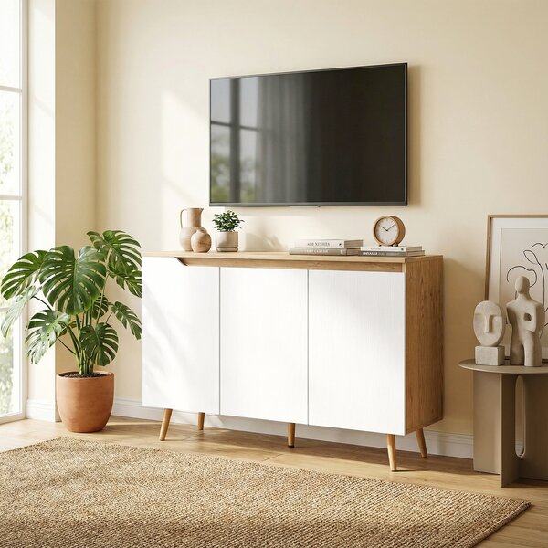 HOMCOM Sideboard Storage Cabinet, Kitchen Cupboard with 3 Doors, 2 Adjustable Shelves and 5 Rubberwood Legs, White and Oak