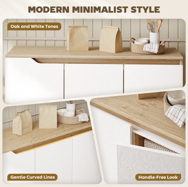 HOMCOM Sideboard Storage Cabinet, Kitchen Cupboard with 3 Doors, 2 Adjustable Shelves and 5 Rubberwood Legs, White and Oak