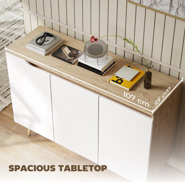 HOMCOM Sideboard Storage Cabinet, Kitchen Cupboard with 3 Doors, 2 Adjustable Shelves and 5 Rubberwood Legs, White and Oak