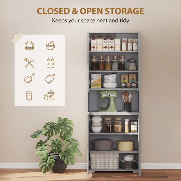 HOMCOM 180 cm Tall Kitchen Cupboard, Pantry Storage Cabinet with Soft Close Doors and Adjustable Shelves, High Gloss Grey