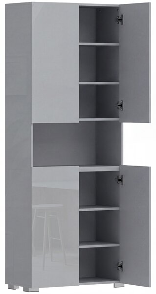 HOMCOM 180 cm Tall Kitchen Cupboard, Pantry Storage Cabinet with Soft Close Doors and Adjustable Shelves, High Gloss Grey